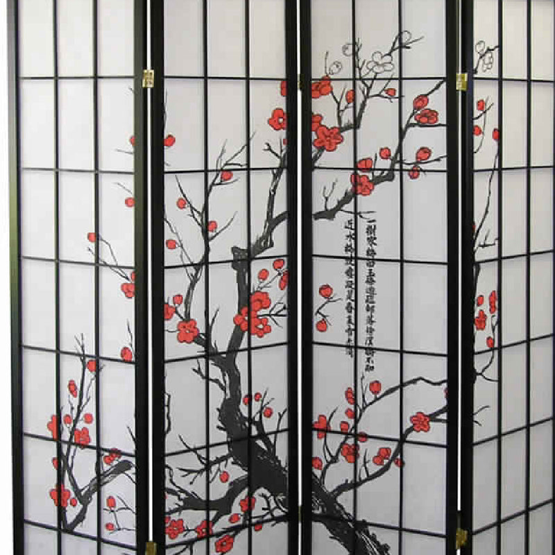Plum Blossom Print Wood and Paper 4 Panel Room Divider, Red and Black-zoom-