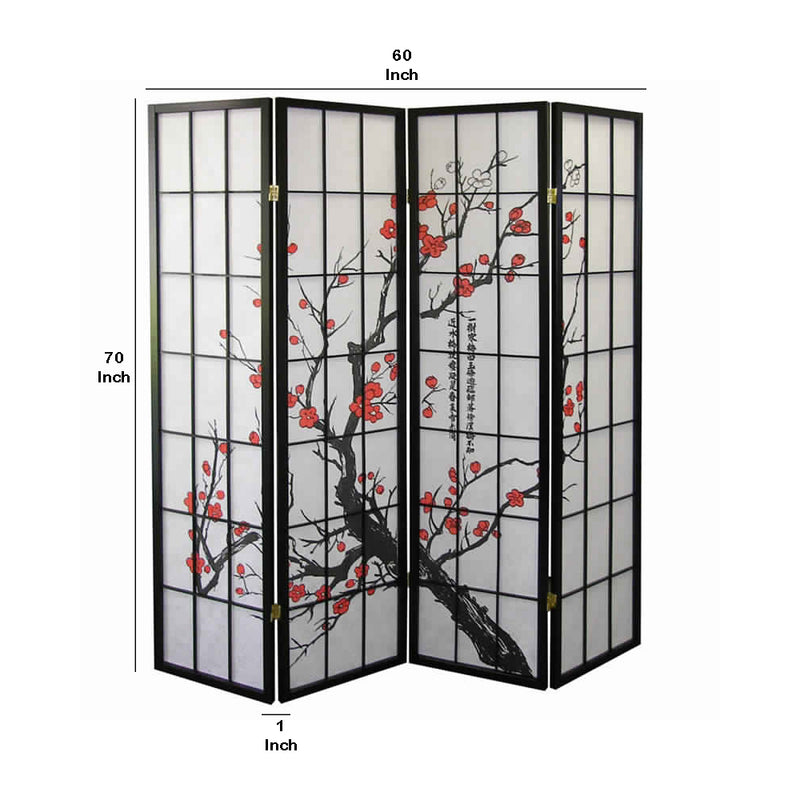 Plum Blossom Print Wood and Paper 4 Panel Room Divider, Red and Black-zoom-