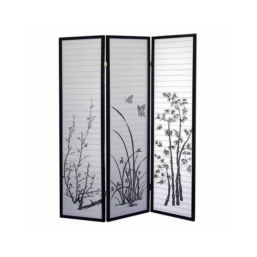 Naturistic Print Wood and Paper 3 Panel Room Divider, White and Black-zoom-1