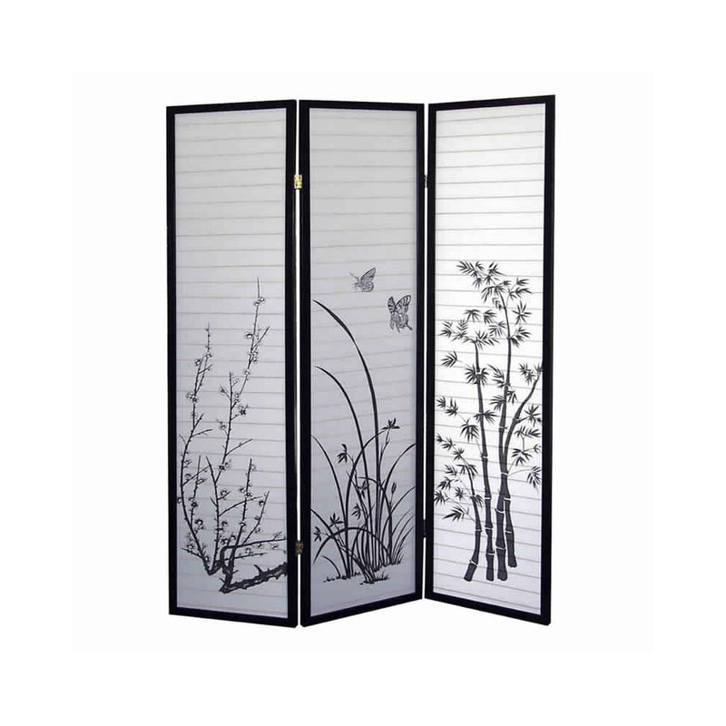 Naturistic Print Wood and Paper 3 Panel Room Divider, White and Black-zoom-