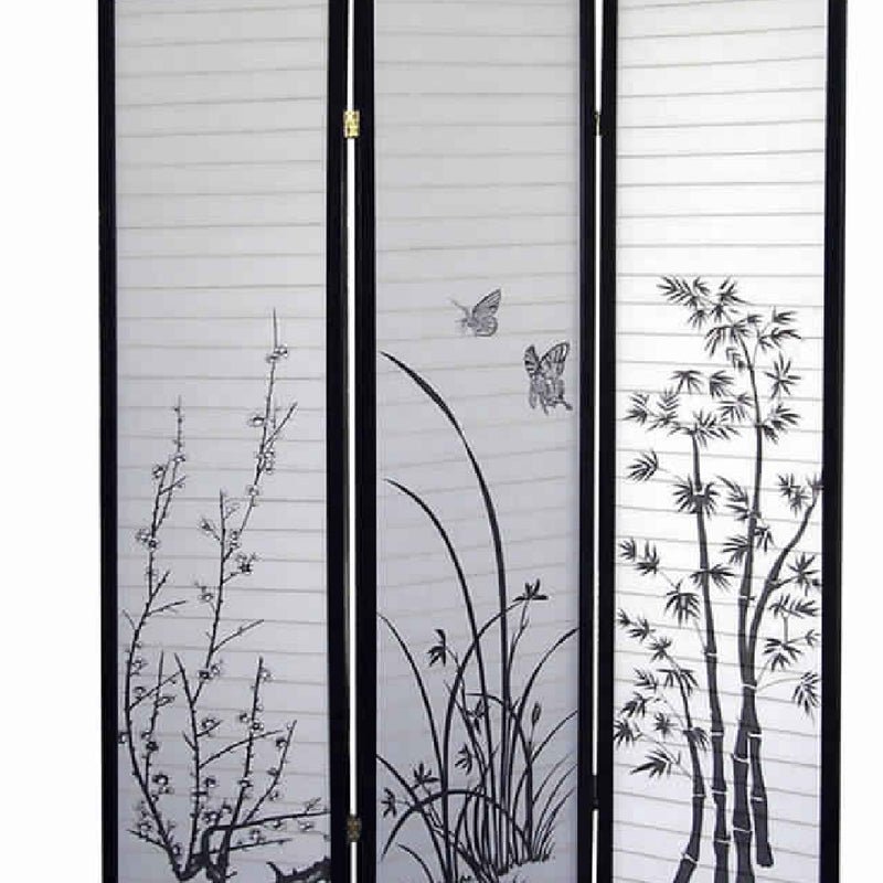 Naturistic Print Wood and Paper 3 Panel Room Divider, White and Black-zoom-