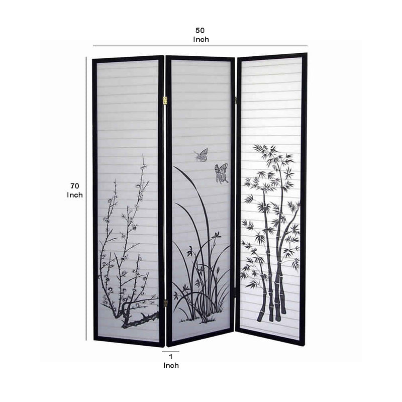 Naturistic Print Wood and Paper 3 Panel Room Divider, White and Black-zoom-