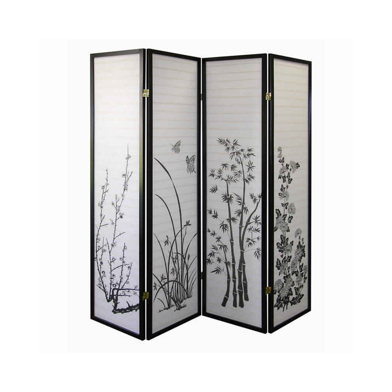 Naturistic Print Wood and Paper 4 Panel Room Divider, White and Black-zoom-