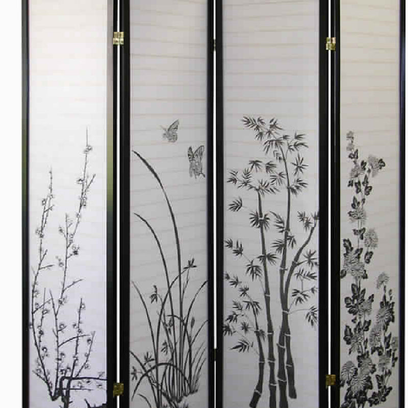 Naturistic Print Wood and Paper 4 Panel Room Divider, White and Black-zoom-