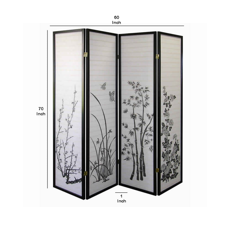 Naturistic Print Wood and Paper 4 Panel Room Divider, White and Black-zoom-
