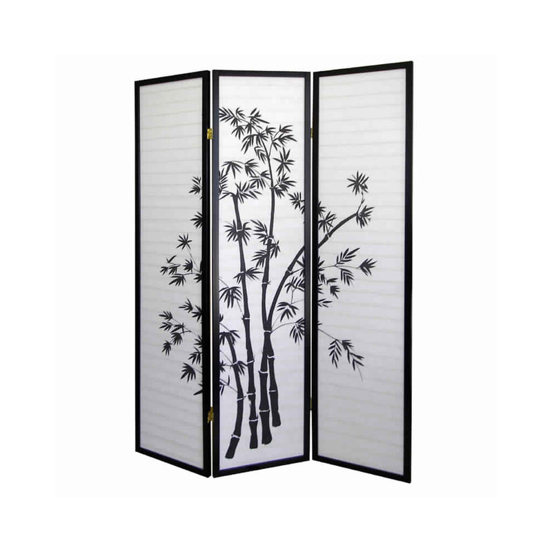 Wood and Paper 3 Panel Room Divider with Bamboo Print, White and Black-zoom-
