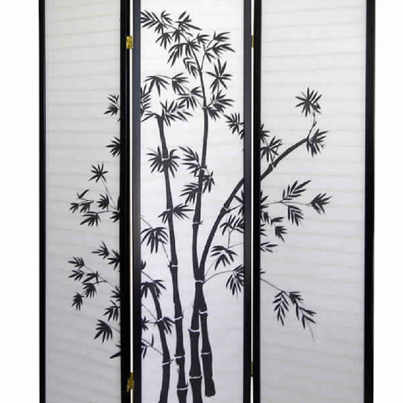 Wood and Paper 3 Panel Room Divider with Bamboo Print, White and Black-zoom-