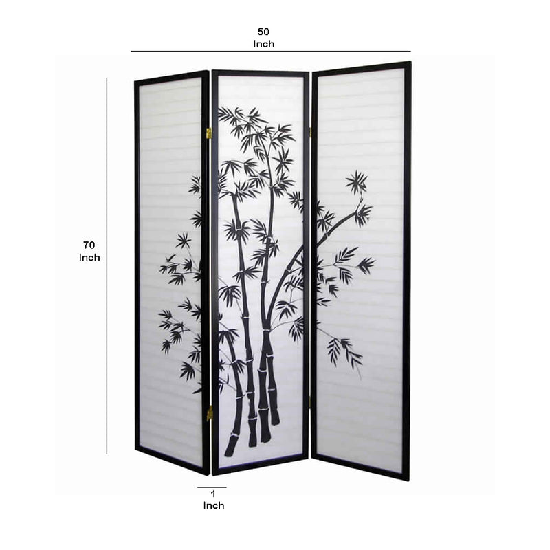Wood and Paper 3 Panel Room Divider with Bamboo Print, White and Black-zoom-