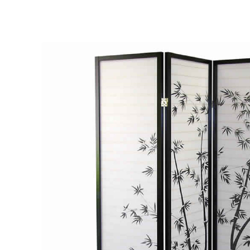 Wood and Paper 4 Panel Room Divider with Bamboo Print, White and Black-zoom-