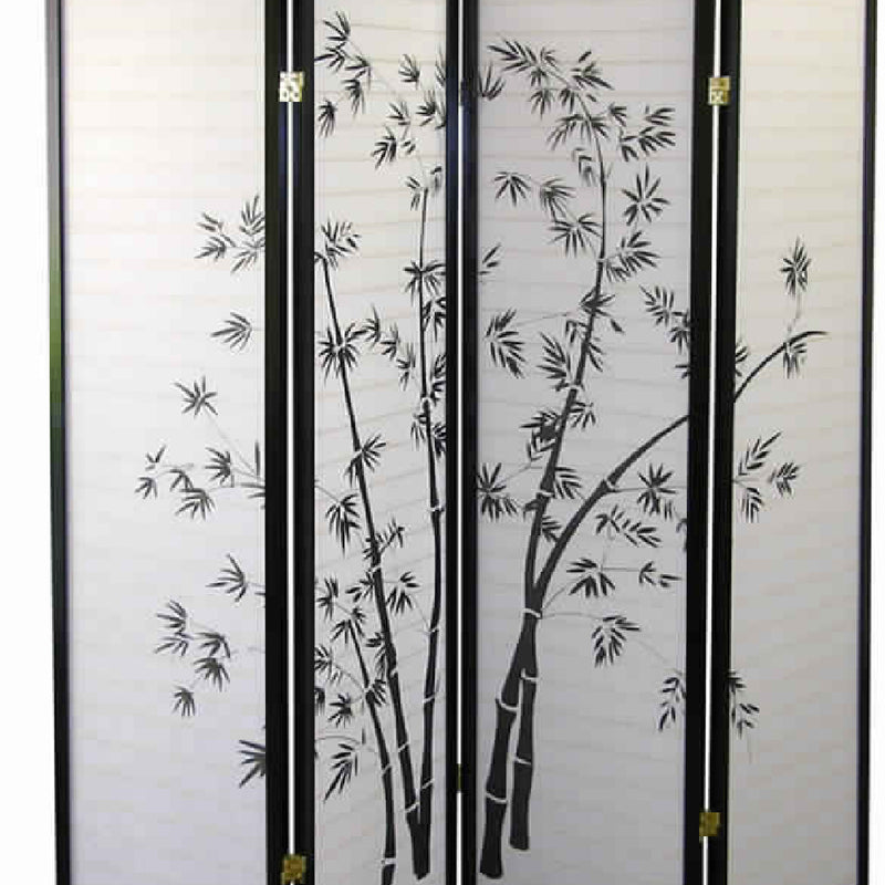 Wood and Paper 4 Panel Room Divider with Bamboo Print, White and Black-zoom-