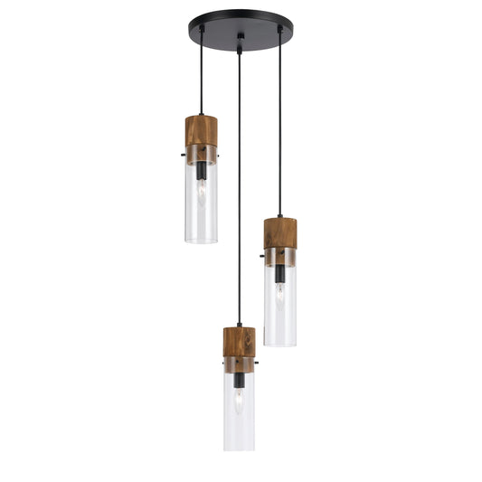 Black 3-bulb wind-chime pendant with cylindrical glass shades and wooden accents