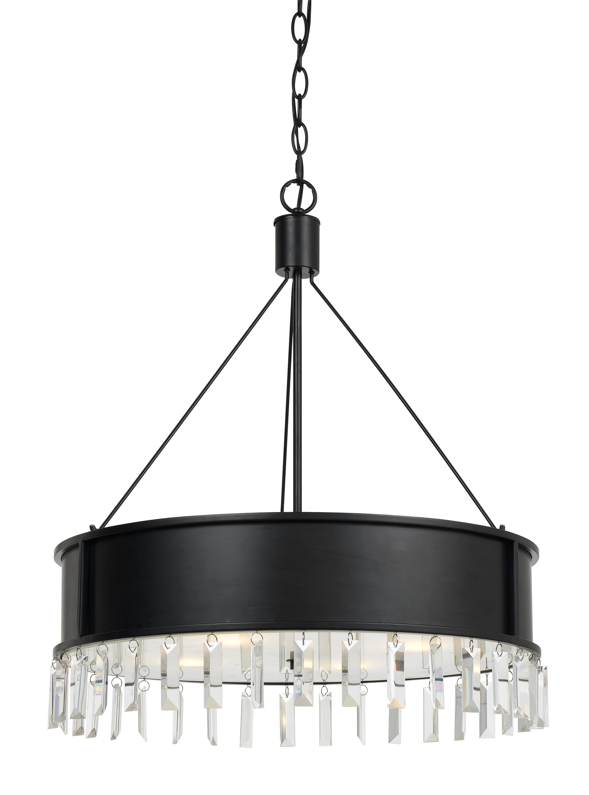 Black round metal chandelier with hanging crystal accents and 4 lights