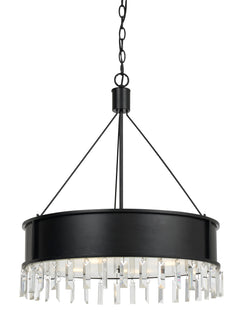 Black round metal chandelier with hanging crystal accents and 4 lights