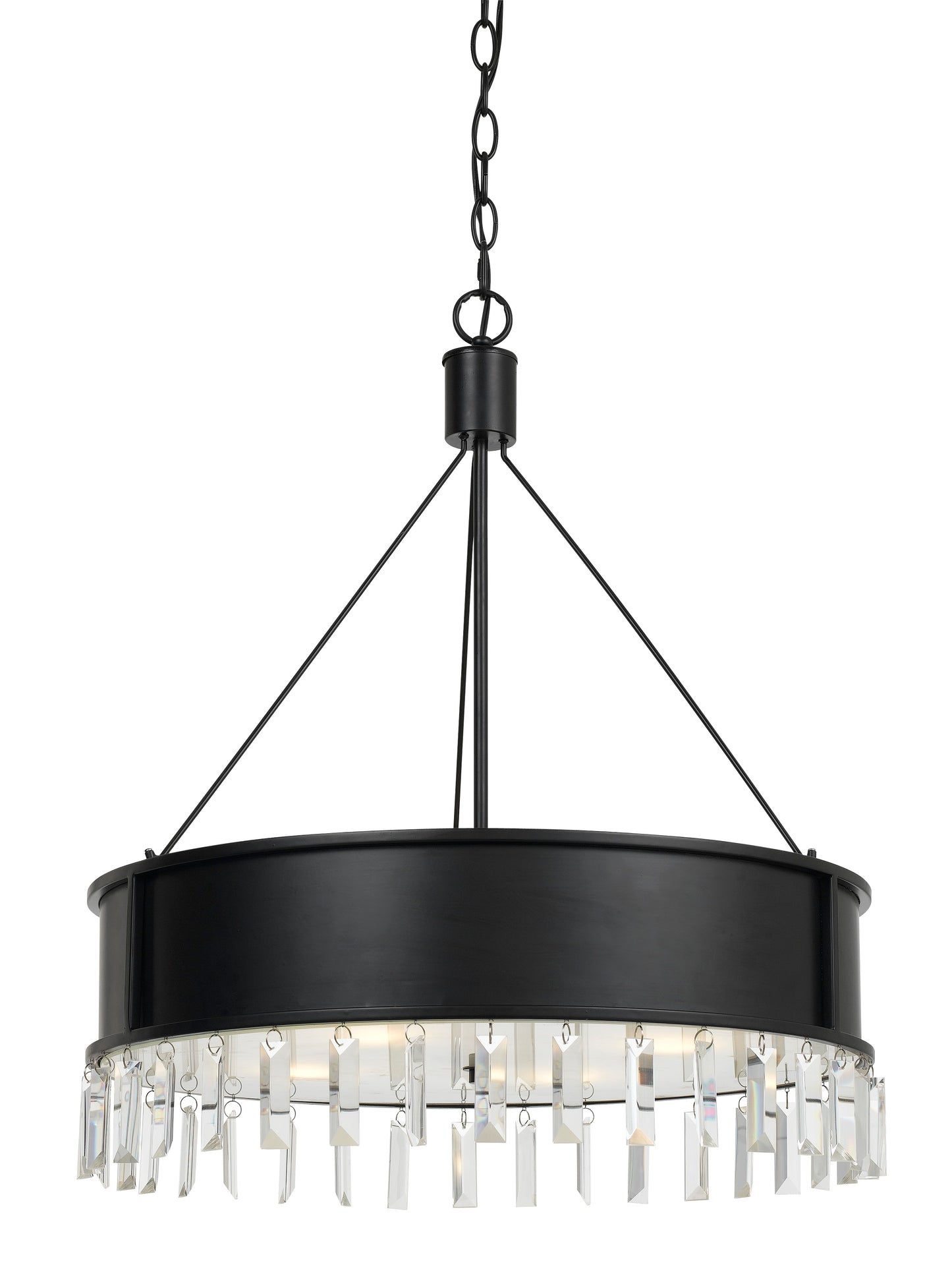 Black round metal chandelier with hanging crystal accents and 4 lights