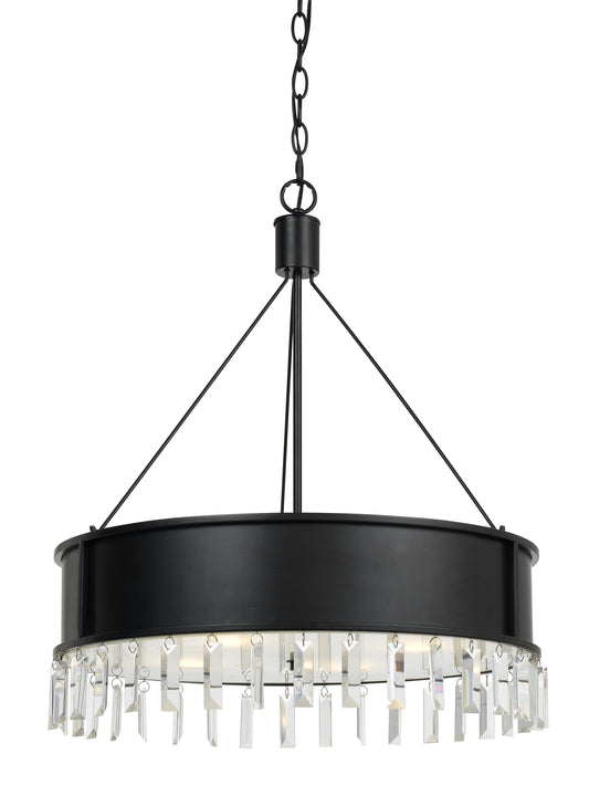 Black round metal chandelier with hanging crystal accents and 4 lights