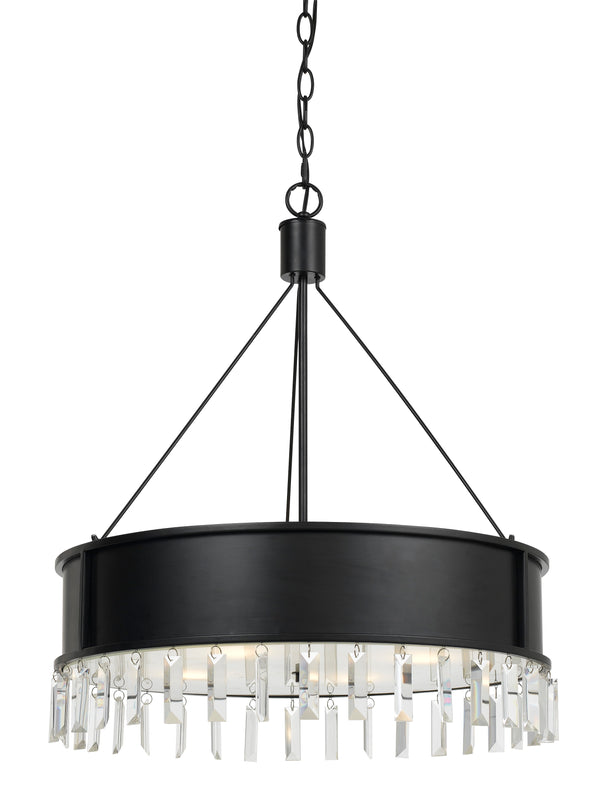 Black round metal chandelier with hanging crystal accents and 4 lights