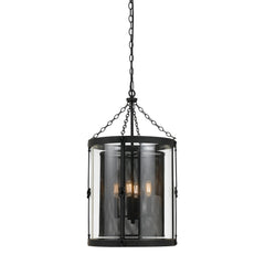 Black round metal frame chandelier with glass panels and mesh shade, 4-light pendant