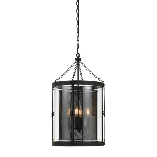 Black round metal frame chandelier with glass panels and mesh shade, 4-light pendant