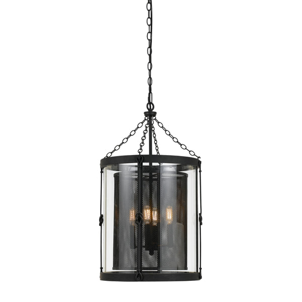 Black round metal frame chandelier with glass panels and mesh shade, 4-light pendant