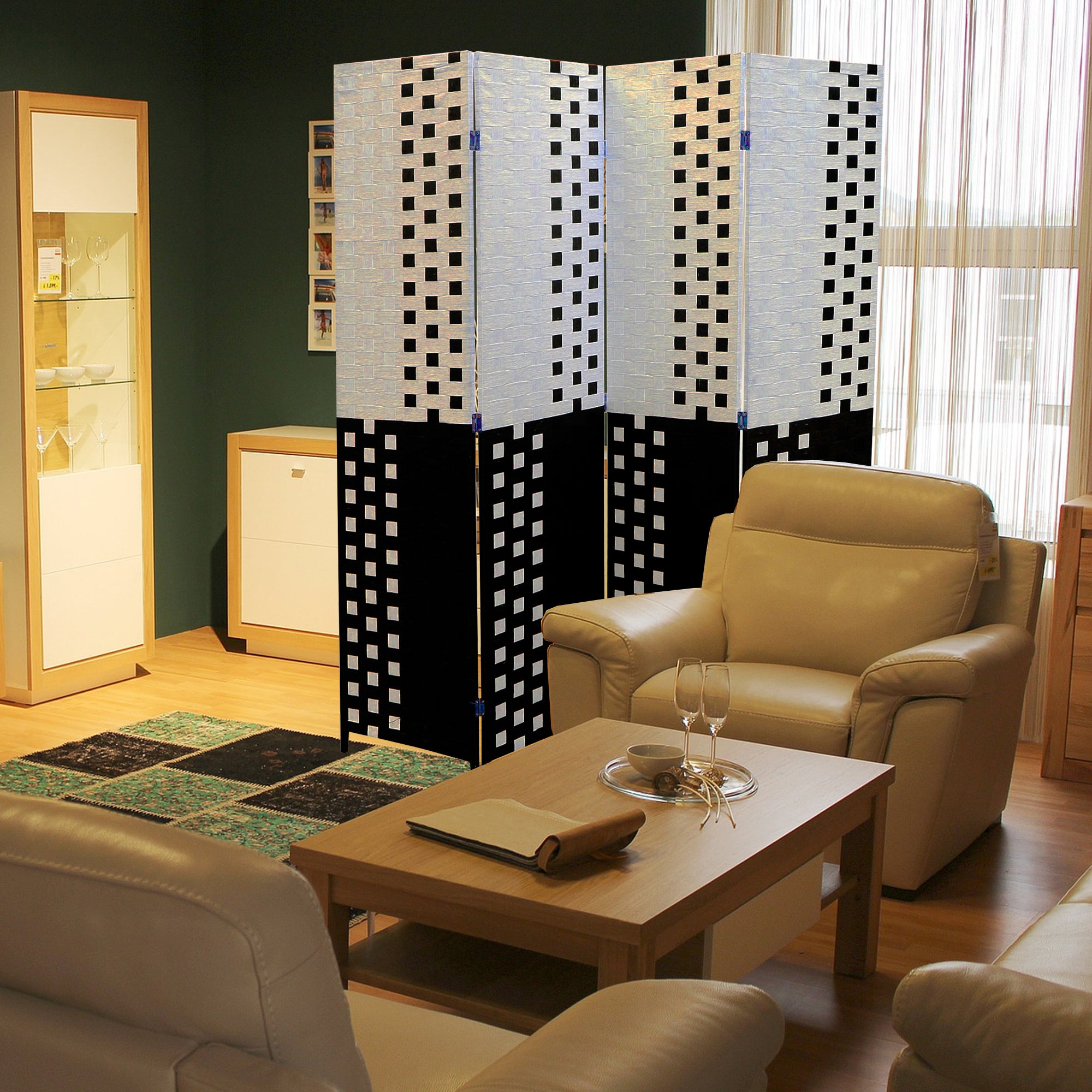 70.75" In Handcrafted Paper Straw Weave  4 Panel Screen On 2" Legs Black/white-zoom-3