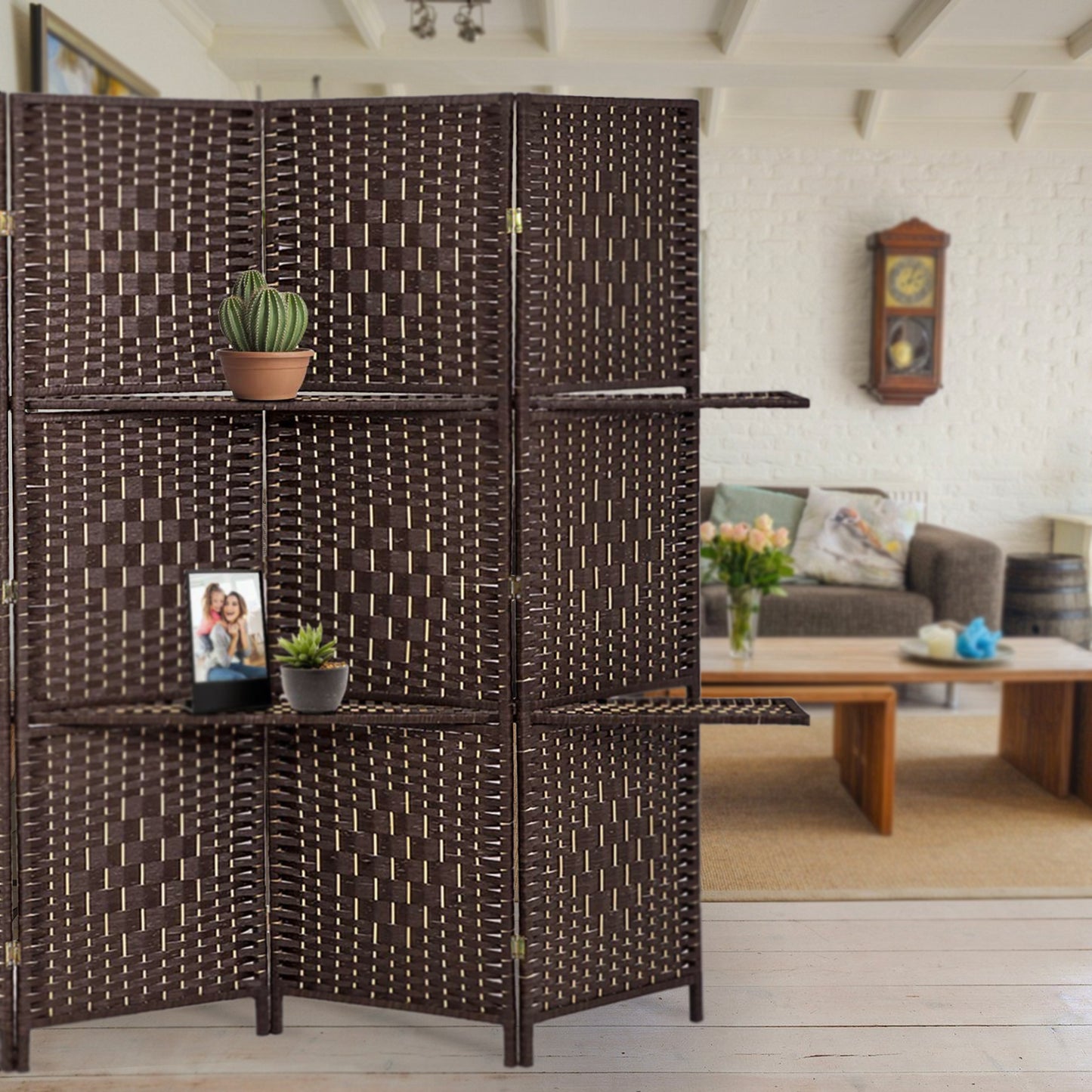 70.75" In Handcrafted Paper Straw Weave W/ Shelf 4 Panel Screen On 2" Legs Espresso Brown