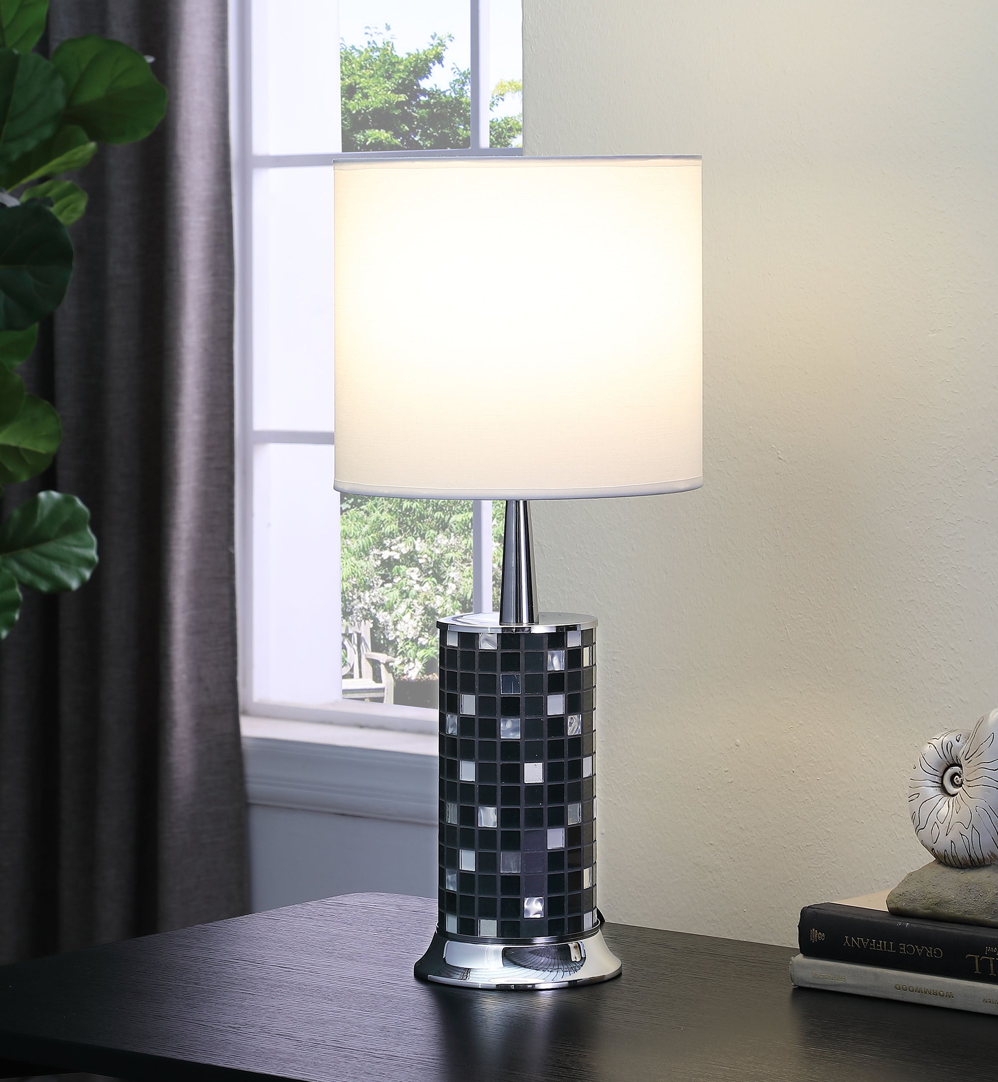 24" Jon Chrome Bohemian Black Glass Mosaic Modern Pillar Table Lamp-zoom-4