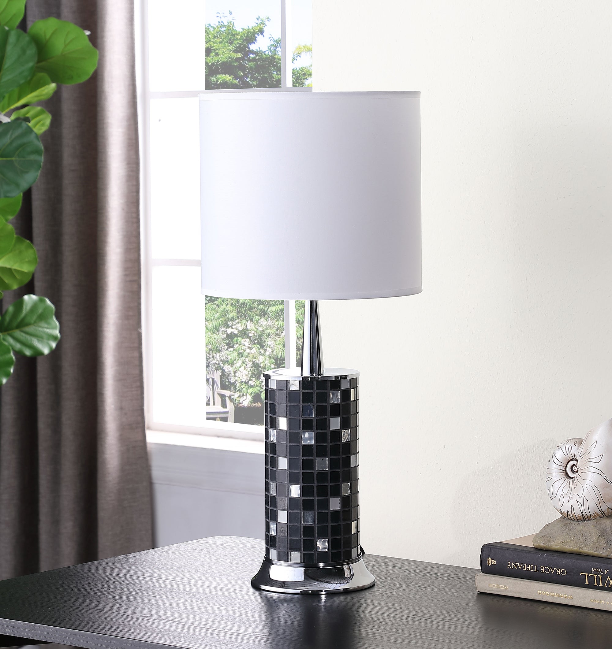 24" Jon Chrome Bohemian Black Glass Mosaic Modern Pillar Table Lamp-zoom-3