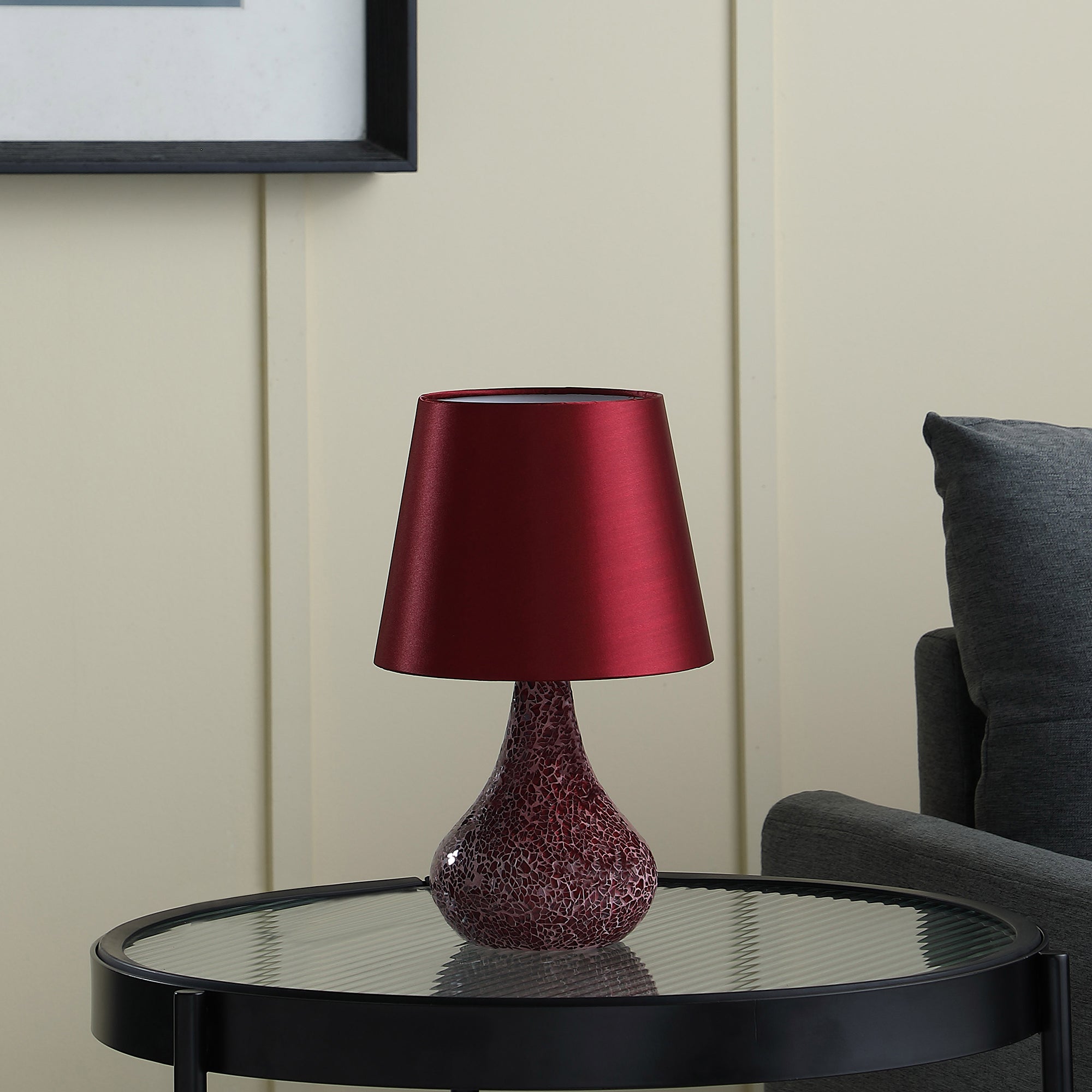 11" In Mosaic Red/pink Glass Pattern Mini Polyresin Table Lamp-zoom-3