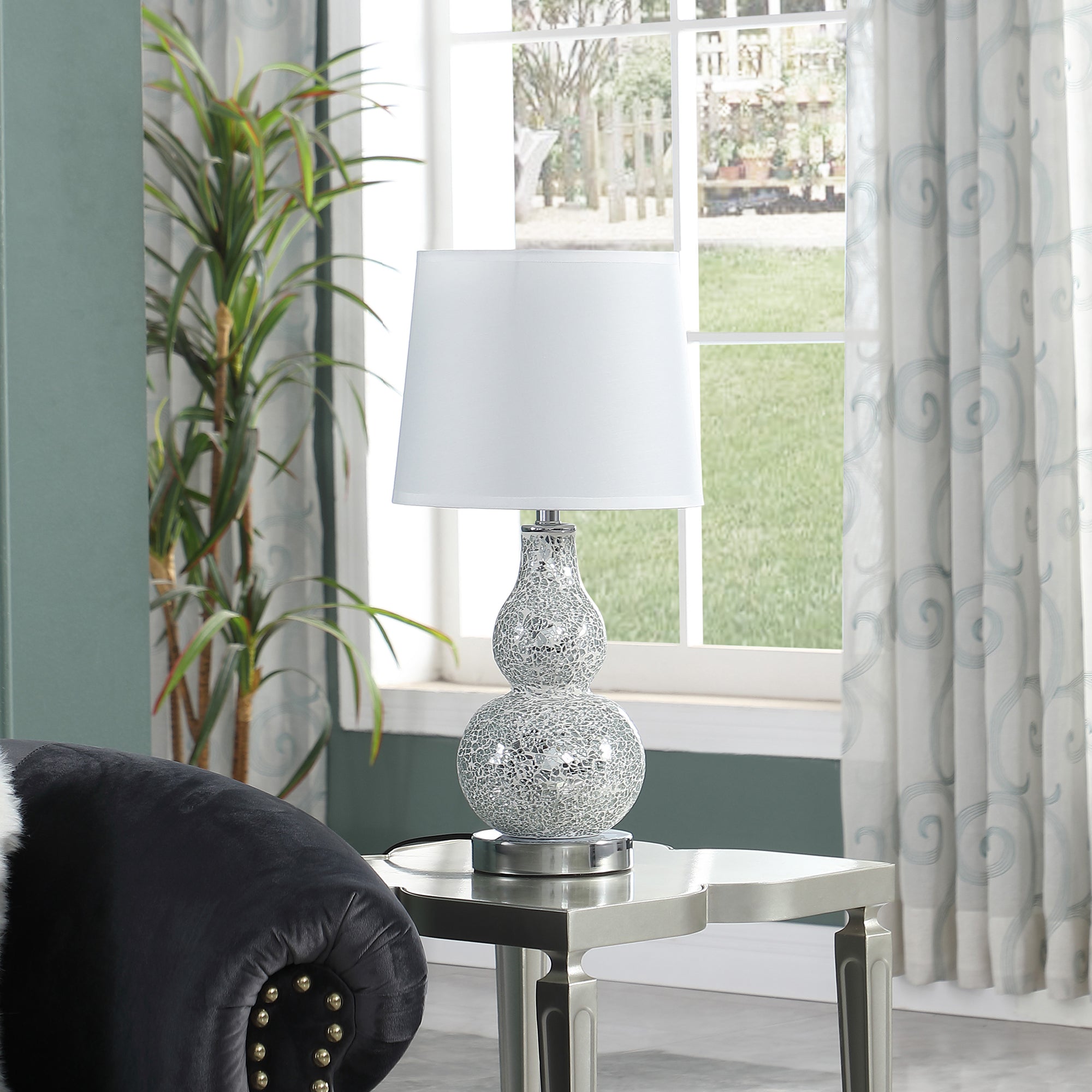 19.5" In Mirror Glass Mosaic Silver Chrome Polyresin Table Lamp-zoom-3