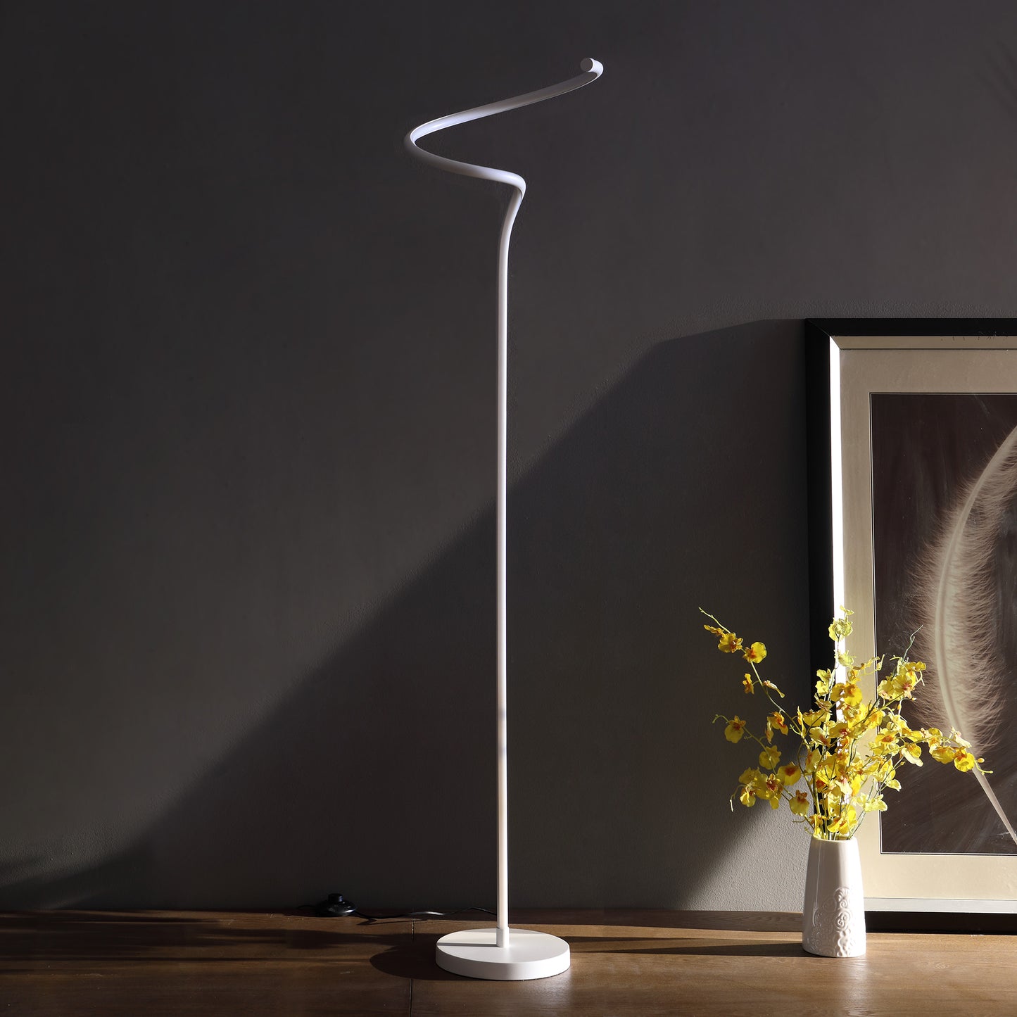 52.5" In Led Matte White Curvilinear S-Curve Spiral Tube Angled Floor Lamp