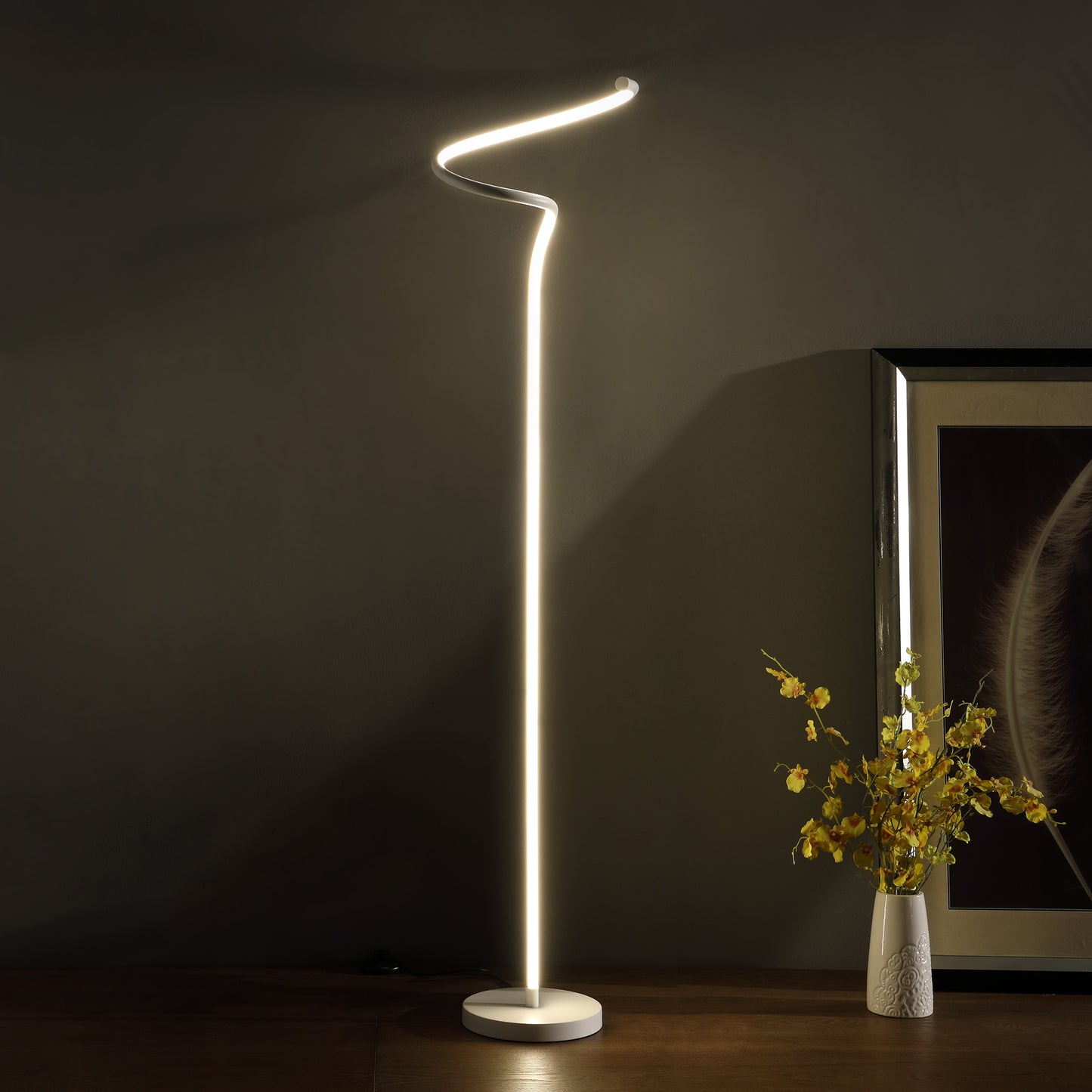 52.5" In Led Matte White Curvilinear S-Curve Spiral Tube Angled Floor Lamp