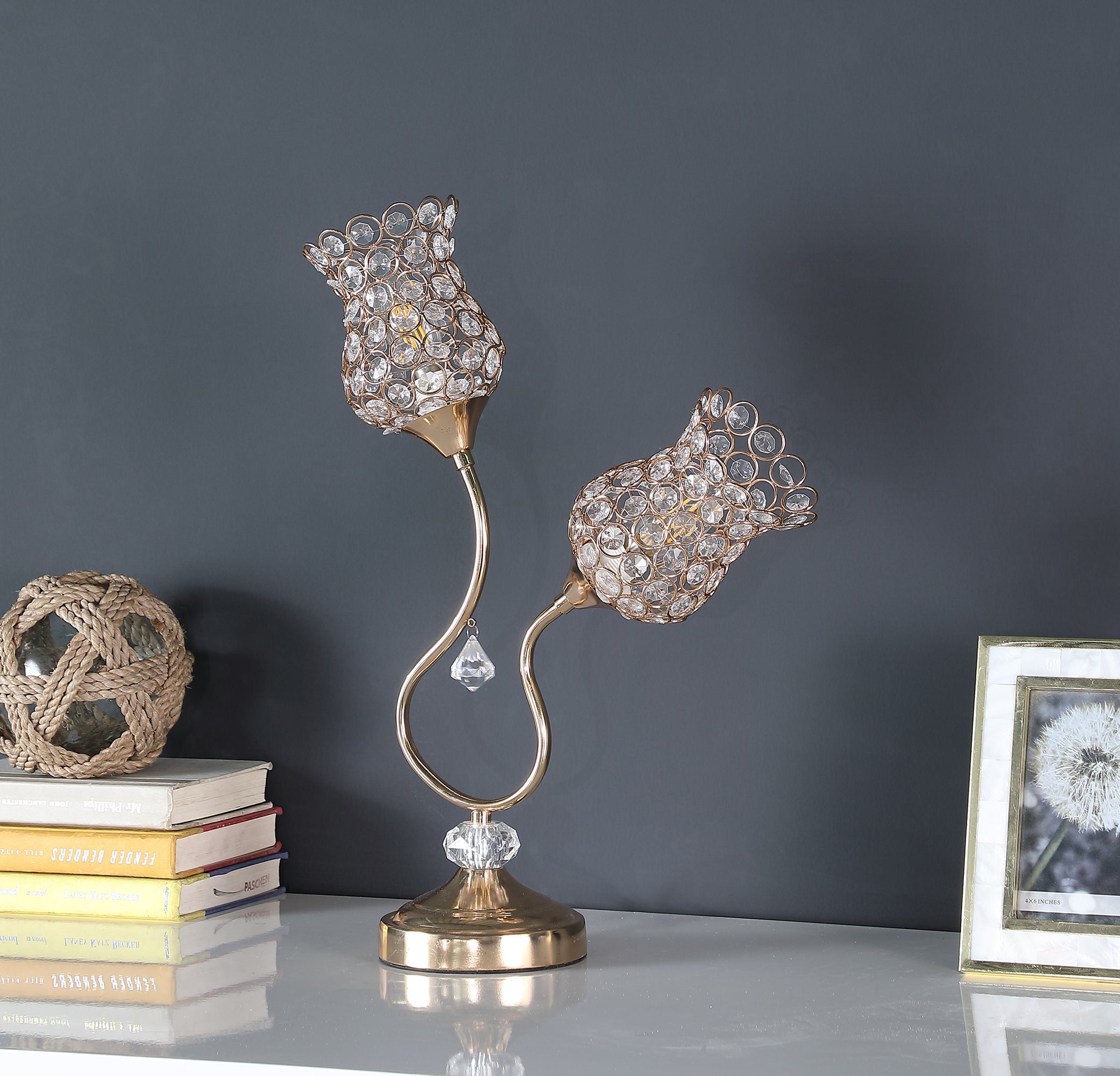 18.75" In Rose Gold 2-floral Trumpet Glam Metal Table Lamp-zoom-3