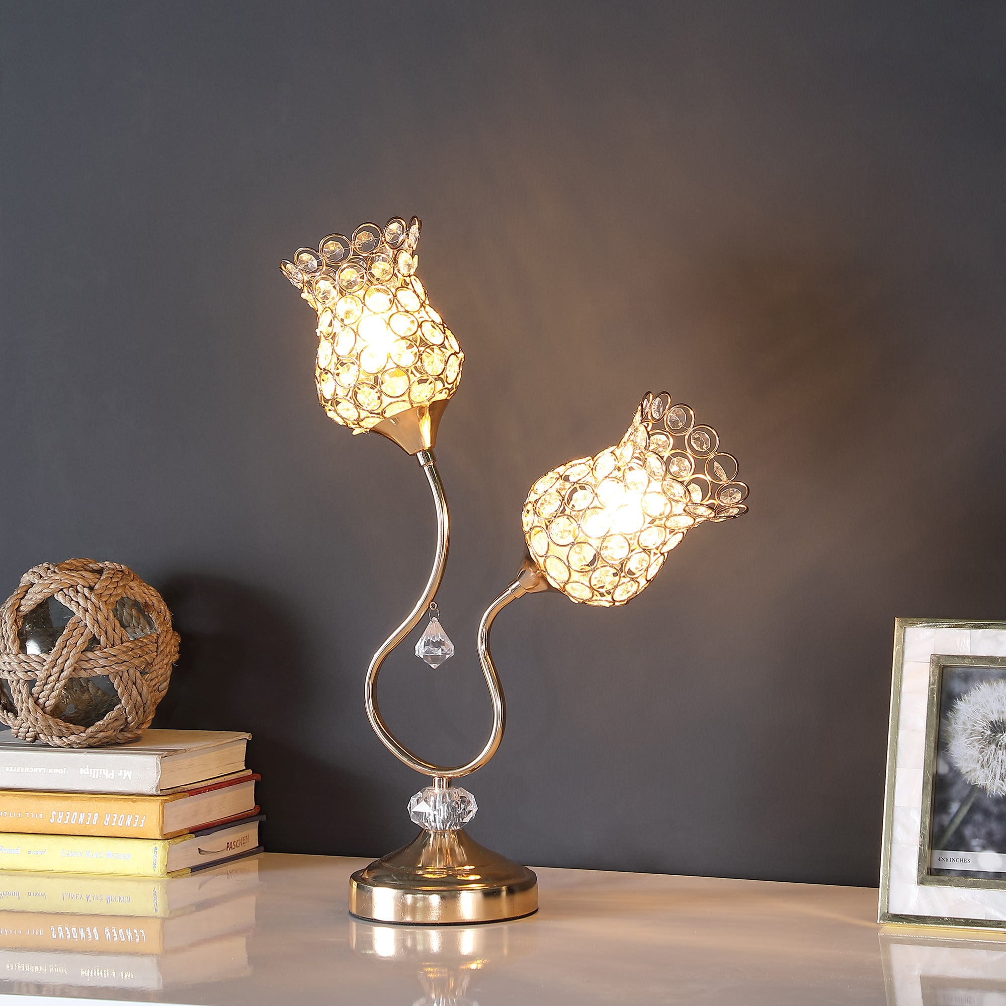 18.75" In Rose Gold 2-floral Trumpet Glam Metal Table Lamp-zoom-4