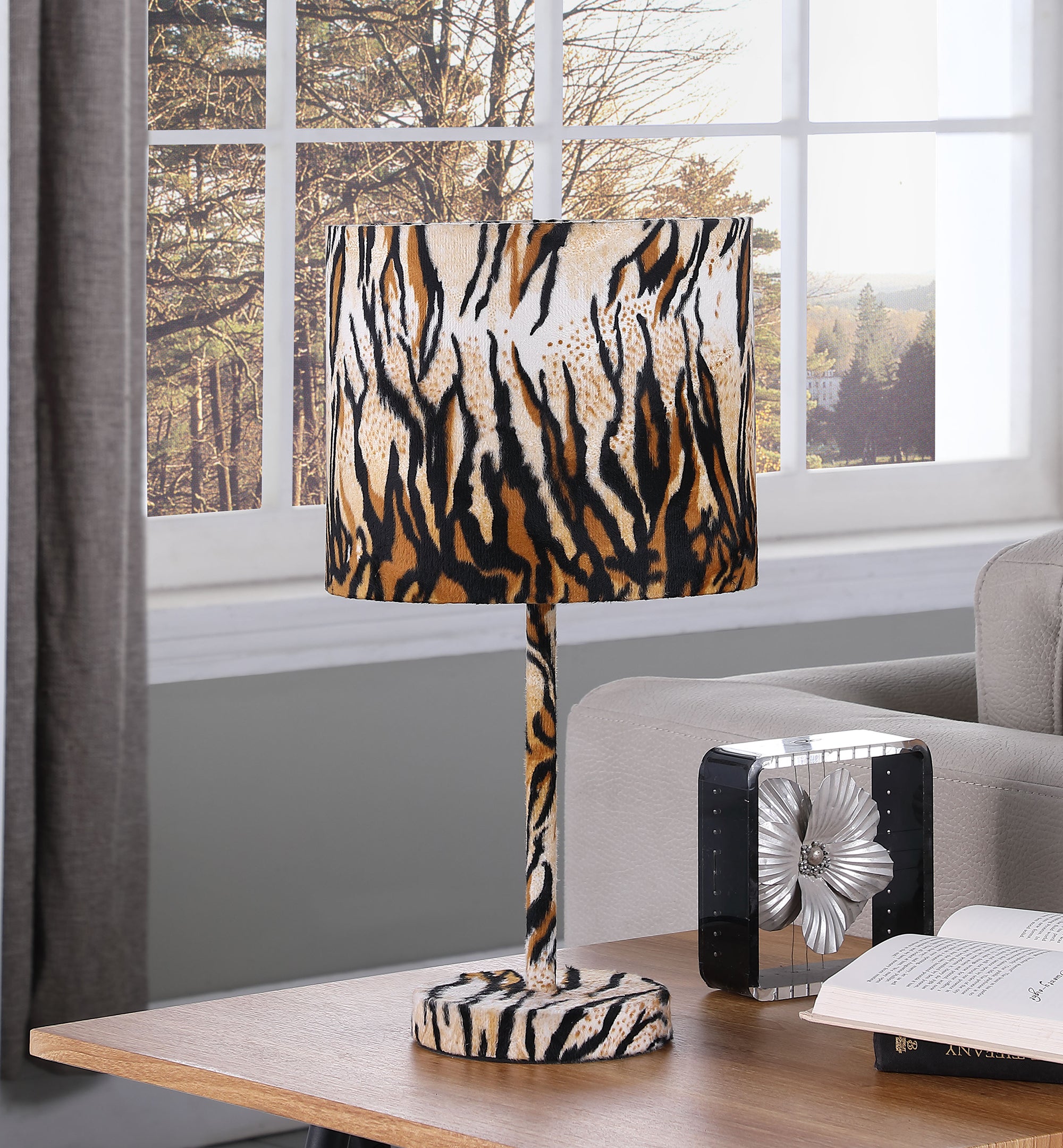 19.25" In Faux Suede Tiger Print Metal Table Lamp-zoom-3