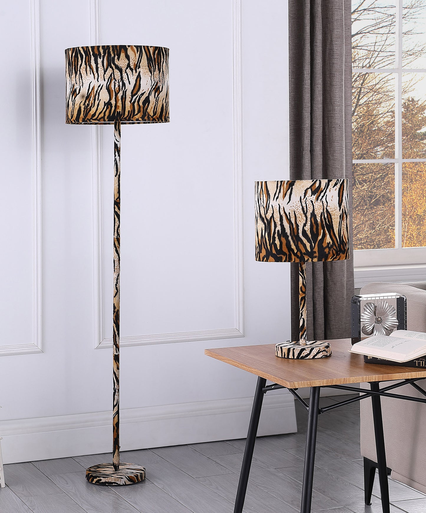 59" In Faux Suede Tiger Print Floor Lamp