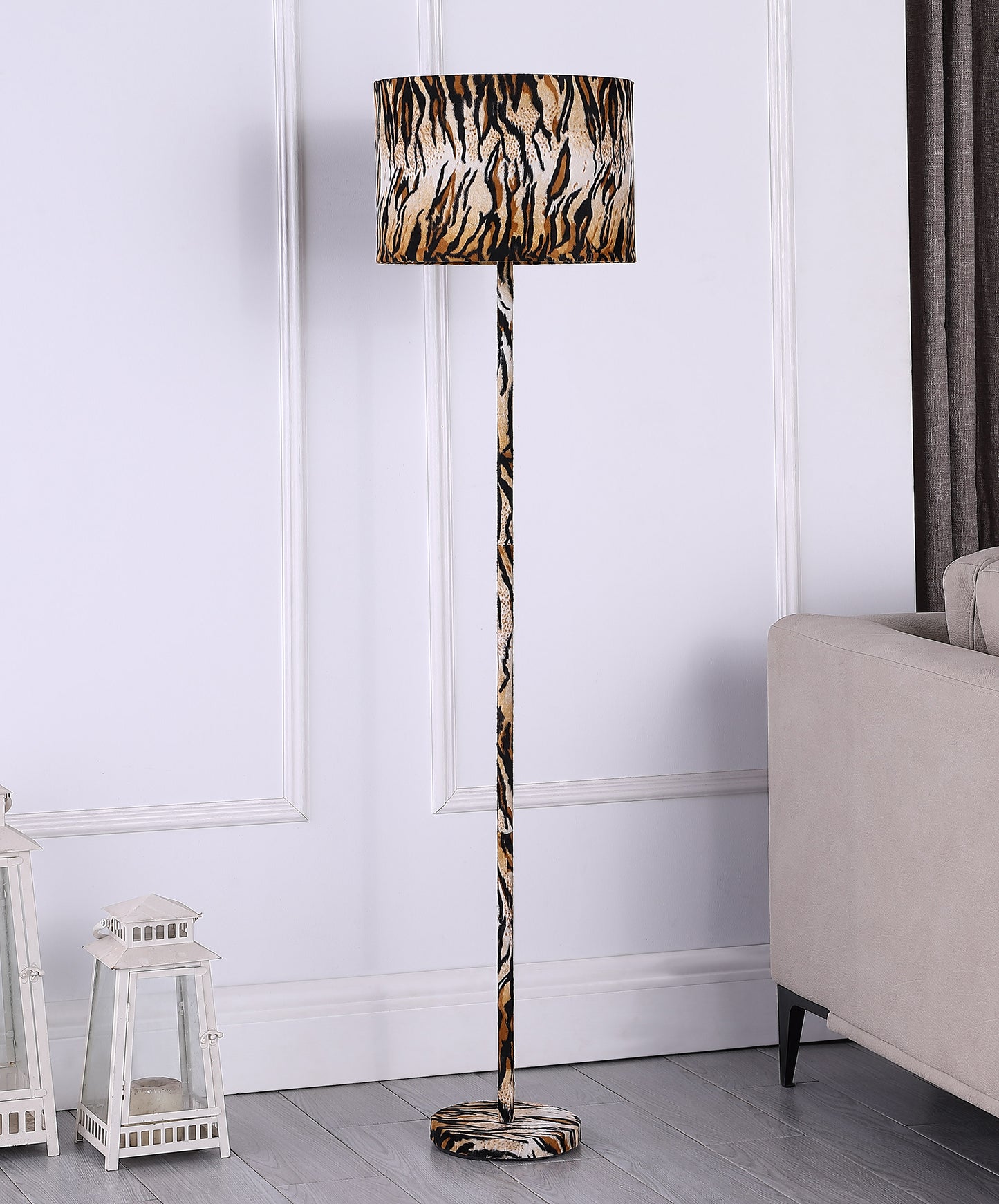 59" In Faux Suede Tiger Print Floor Lamp