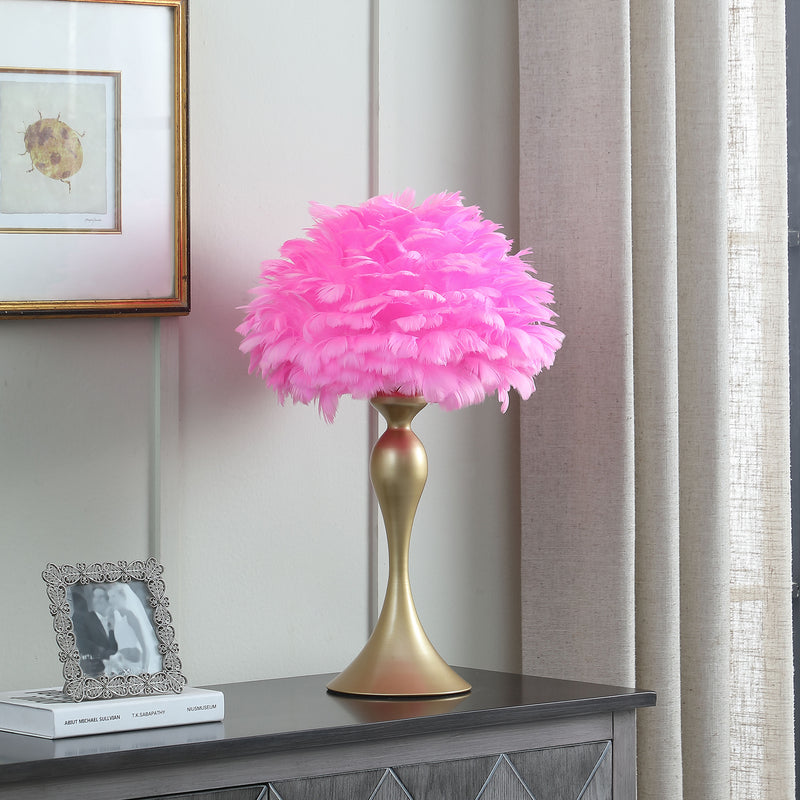 18.25"In Hot Pink Feather Aquina Satin Gold Metal Contour Glam Table Lamp-zoom-