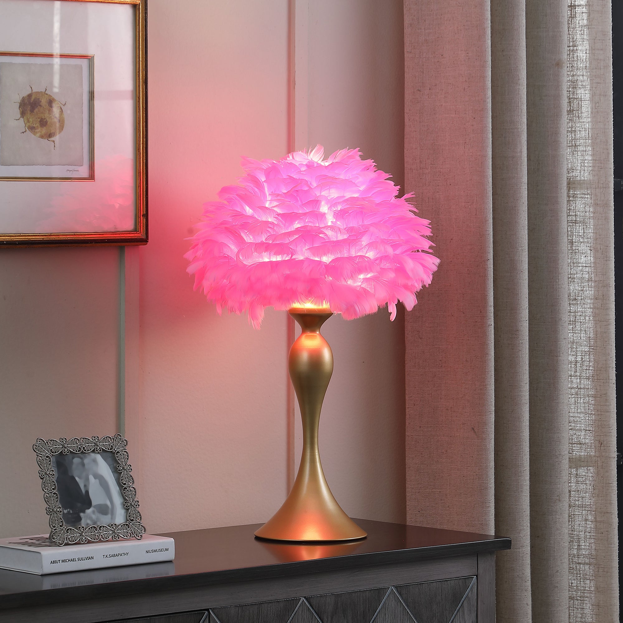 18.25"In Hot Pink Feather Aquina Satin Gold Metal Contour Glam Table Lamp-zoom-4