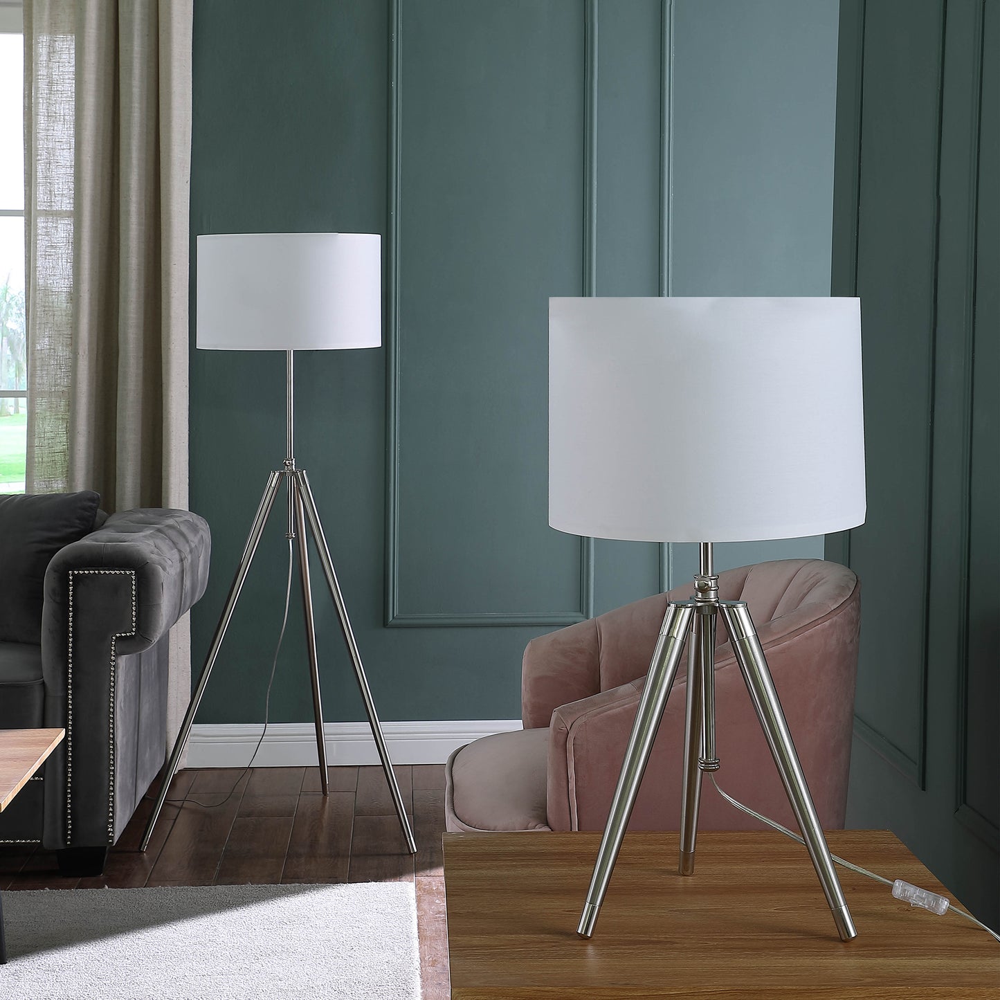 64" - 47" In Mid-century Adjustable Tripod Chrome/silver Metal Floor Lamp
