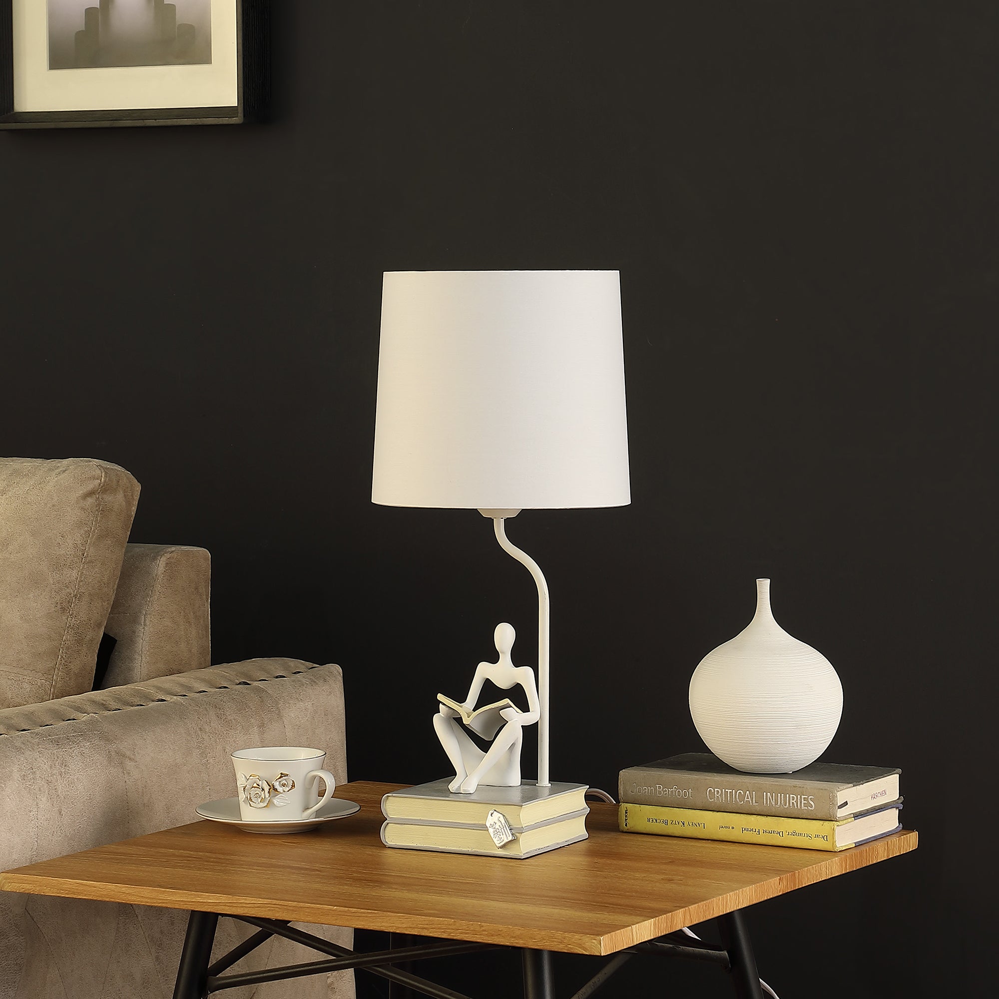 20.5" In Modern Reader White Sitting A Gray Stack Of Books Polyresin Table Lamp-zoom-3