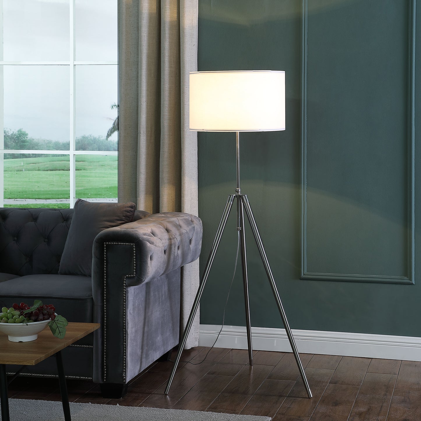 64" - 47" In Mid-century Adjustable Tripod Chrome/silver Metal Floor Lamp