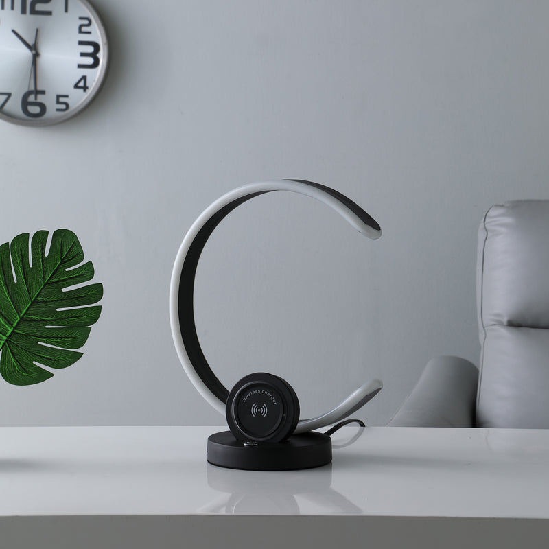 13.25" In Modern C Shape Led W/ Usb/wireless Charger Port & Touch Dimmer Black Table Lamp-zoom-