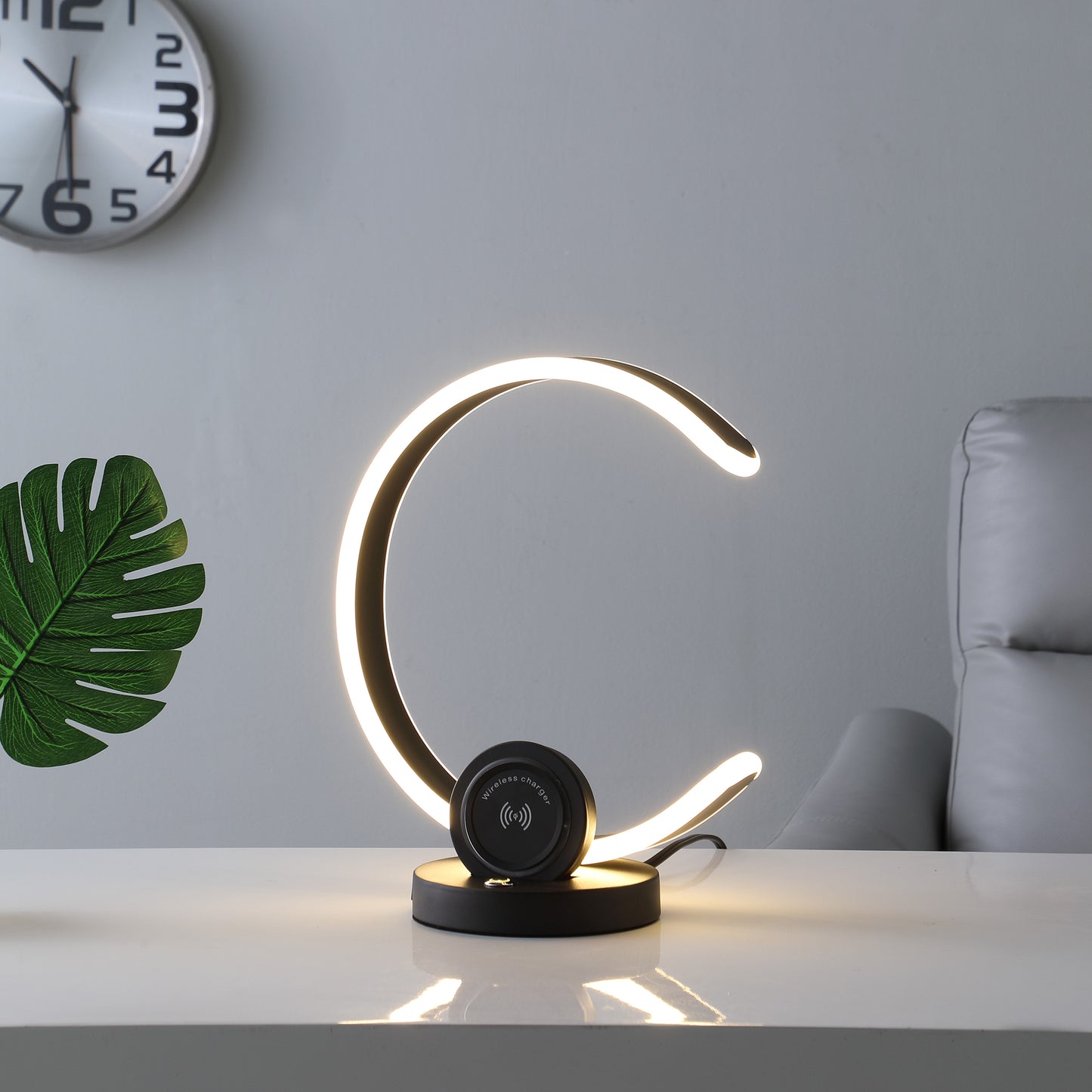 13.25" In Modern C Shape Led W/ Usb/wireless Charger Port & Touch Dimmer Black Table Lamp