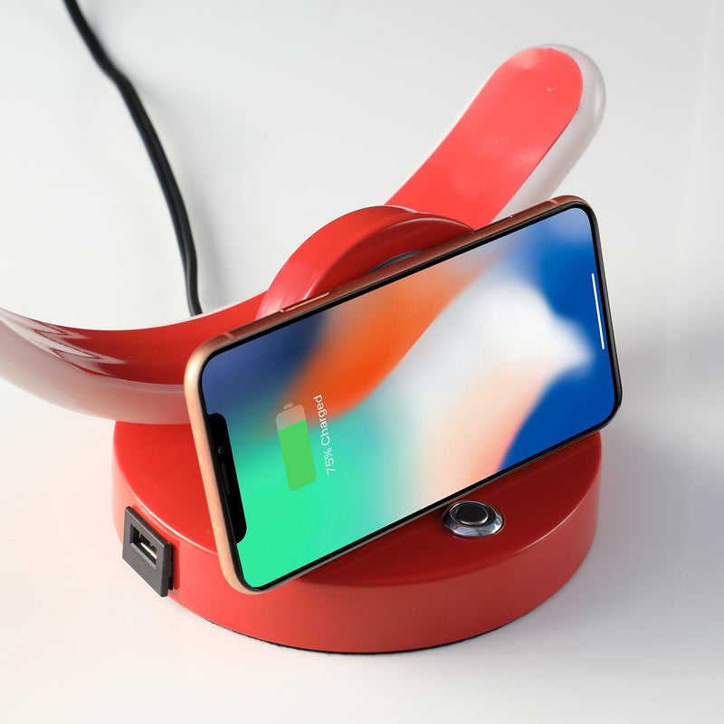 13.25" In Modern C Shape Led W/ Usb/wireless Charger Port And Touch Dimmer Bright Red Table Lamp-zoom-