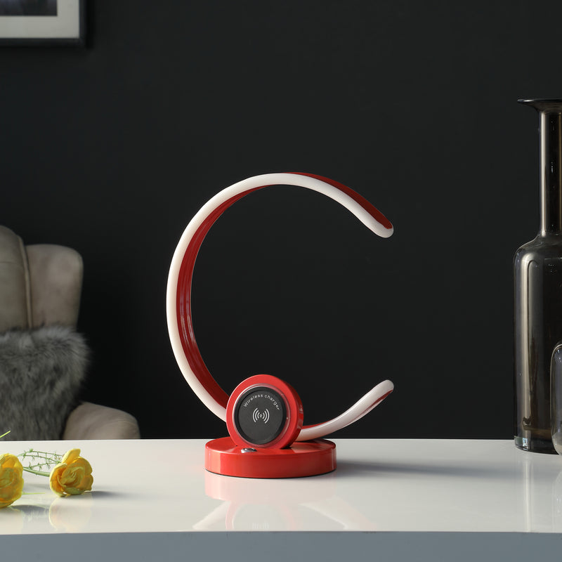 13.25" In Modern C Shape Led W/ Usb/wireless Charger Port And Touch Dimmer Bright Red Table Lamp-zoom-