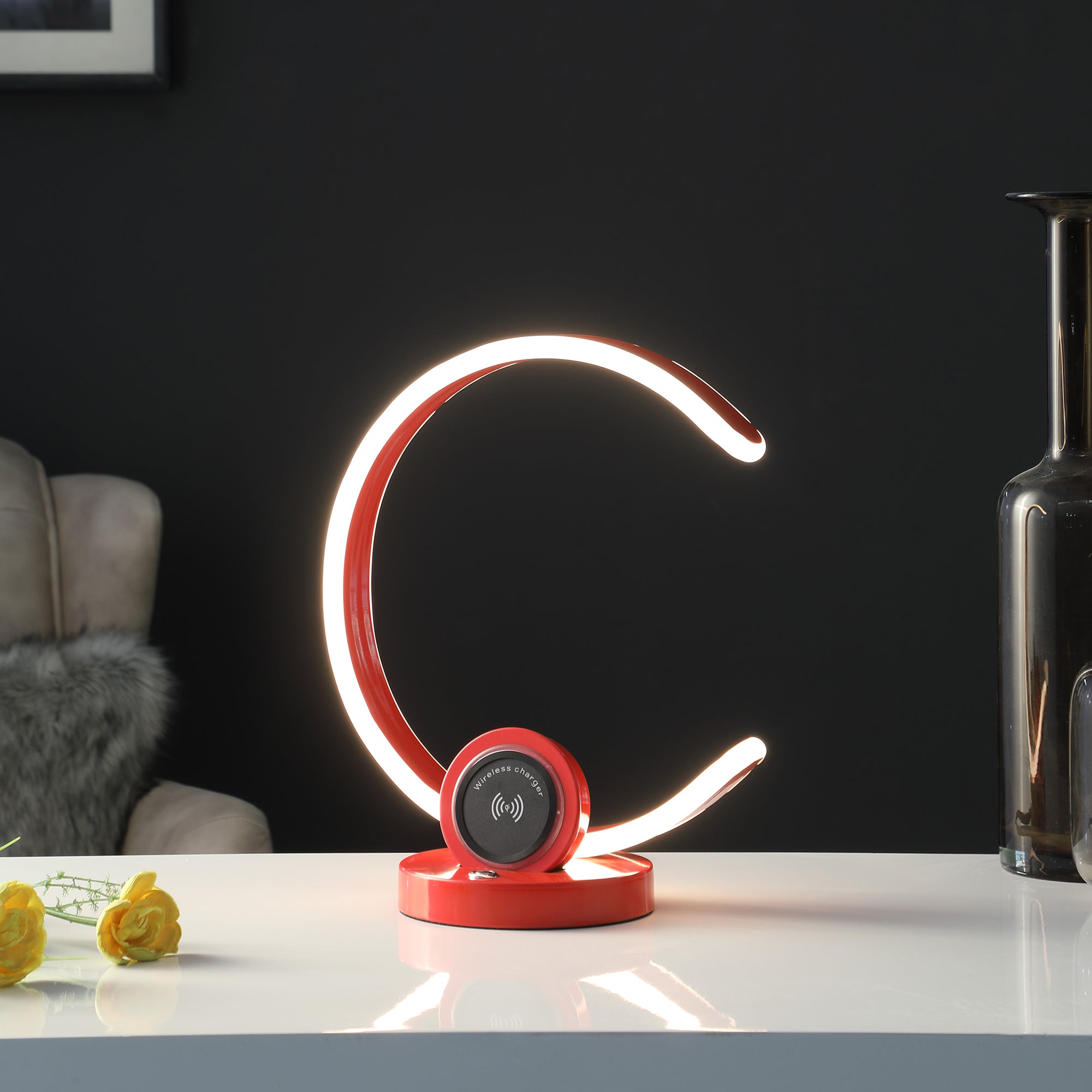 13.25" In Modern C Shape Led W/ Usb/wireless Charger Port And Touch Dimmer Bright Red Table Lamp-zoom-6