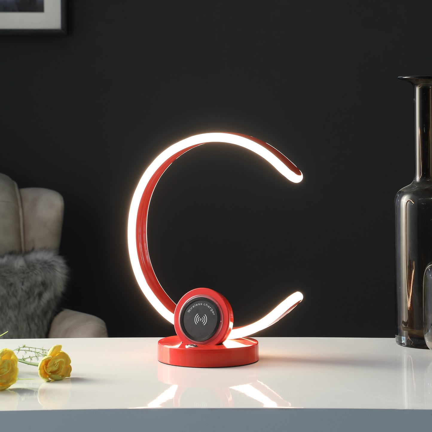 13.25" In Modern C Shape Led W/ Usb/wireless Charger Port And Touch Dimmer Bright Red Table Lamp