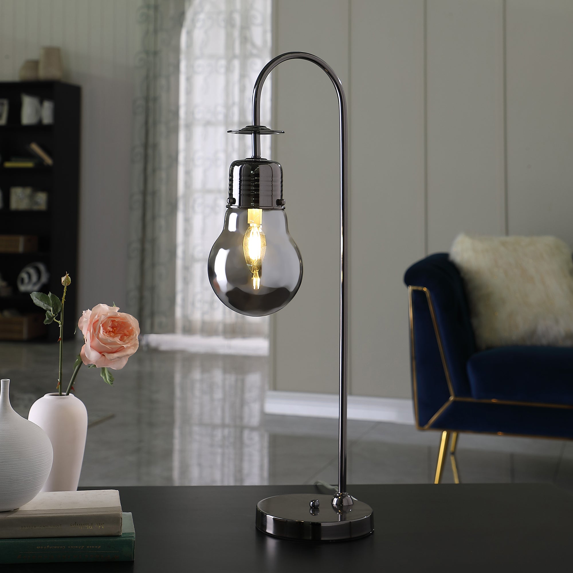 29" In Adan Edison Restorative Glass Led Downbridge Black Chrome Metal Table Lamp-zoom-4