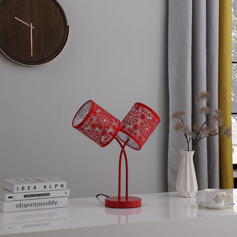 17" In Bohemian Paisley 2-light Cylinder Red Table Lamp-zoom-