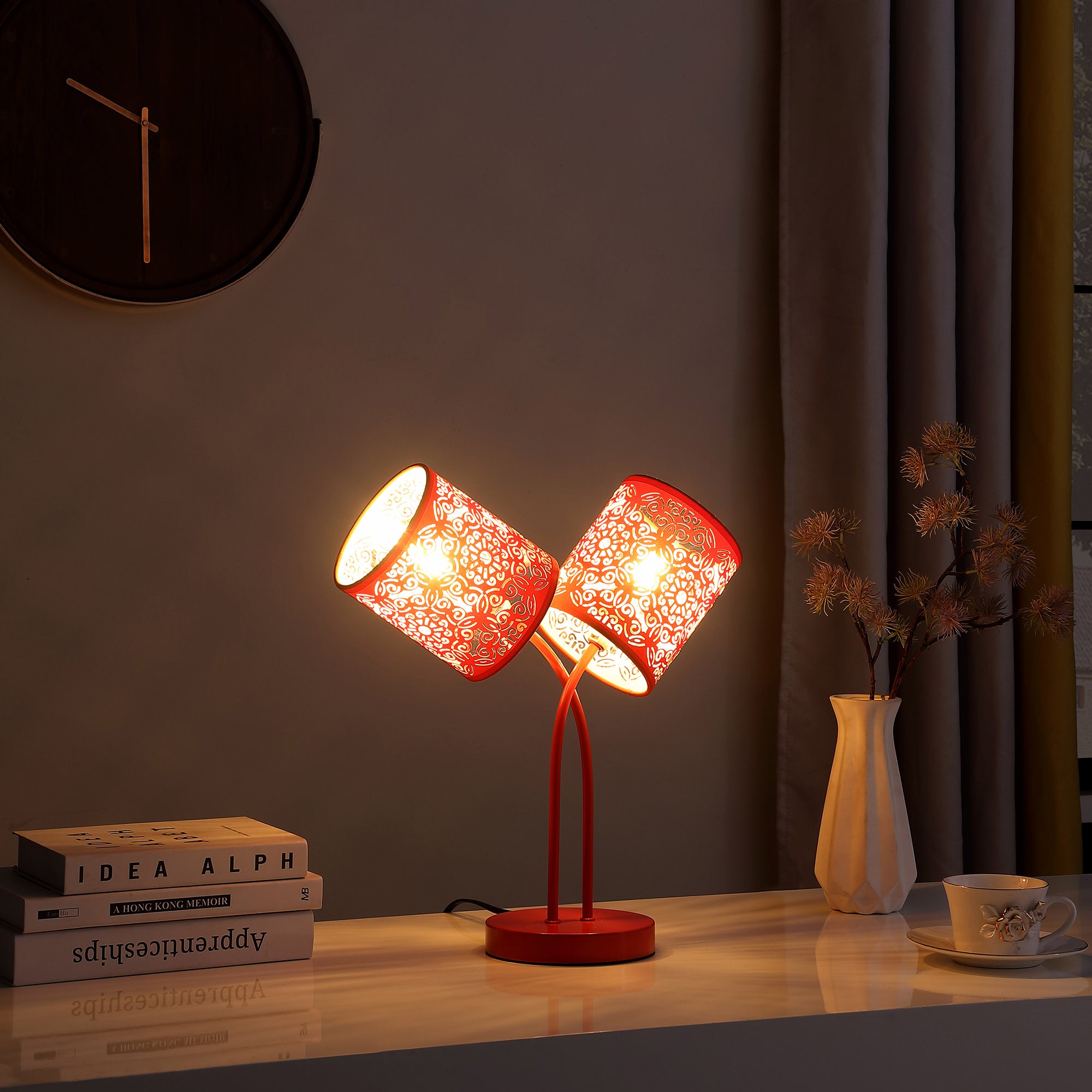 17" In Bohemian Paisley 2-light Cylinder Red Table Lamp-zoom-4